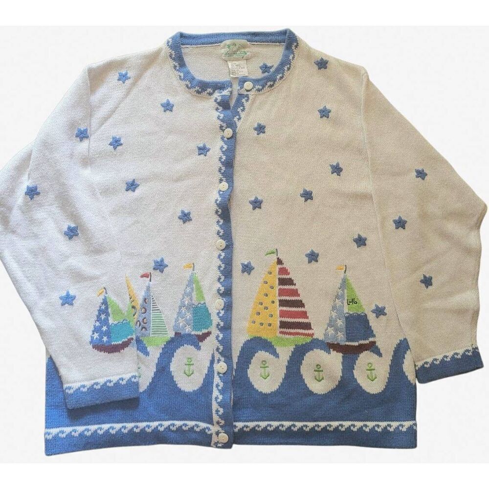 Vintage Quacker Factory Cardigan Sweater Women's 2X White Embroidered Sailboat